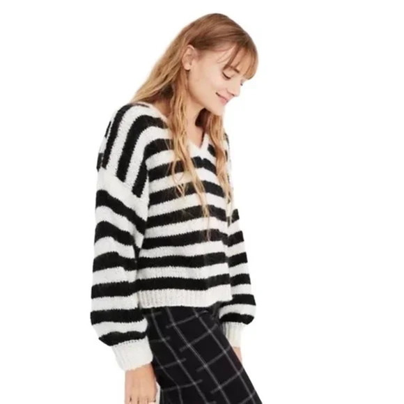 Madewell Striped Alpaca Wool Balloon Sleeve Pullover Sweater Women's B&W Size L - Picture 1 of 6